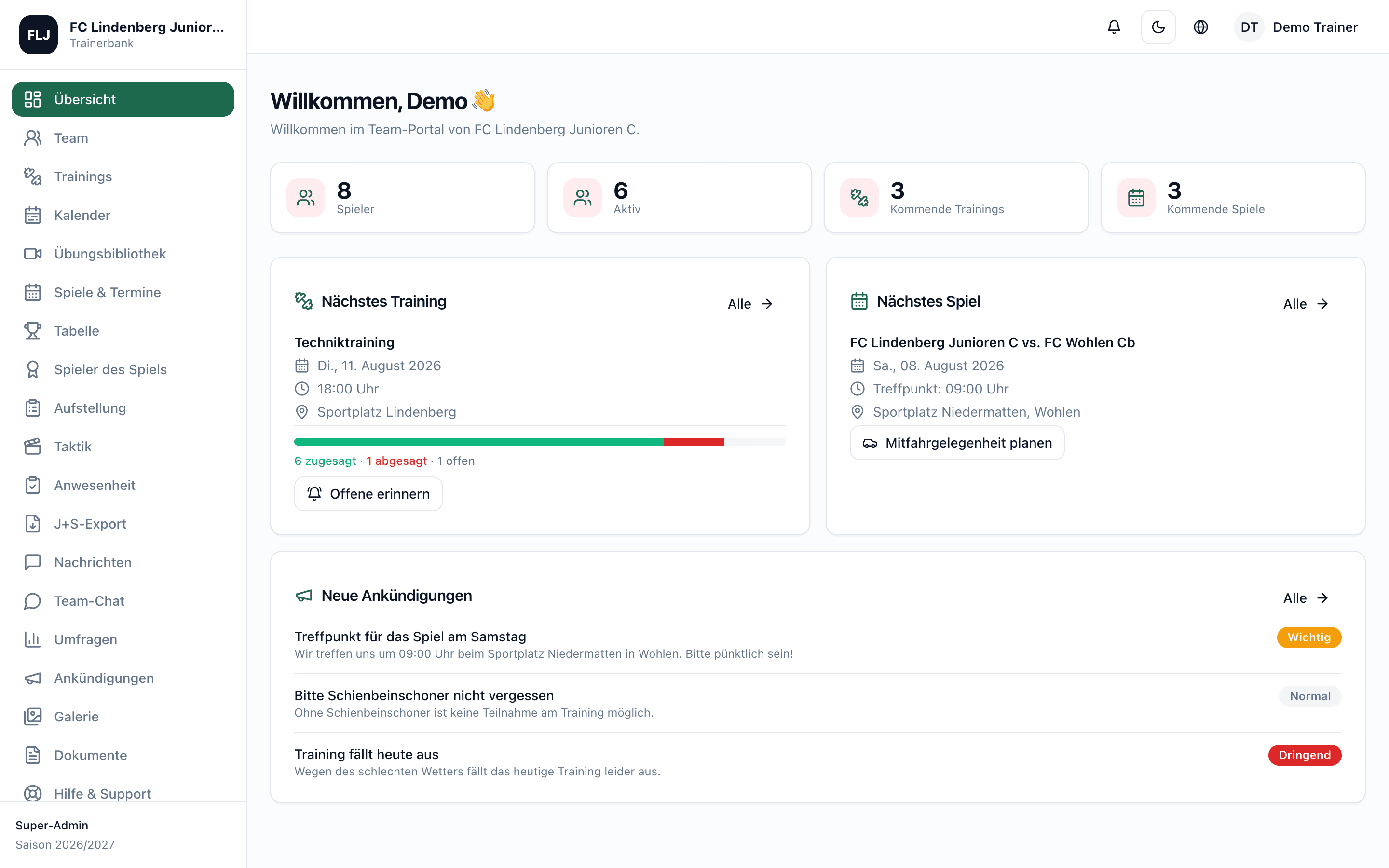 Trainerbank Dashboard im Browser